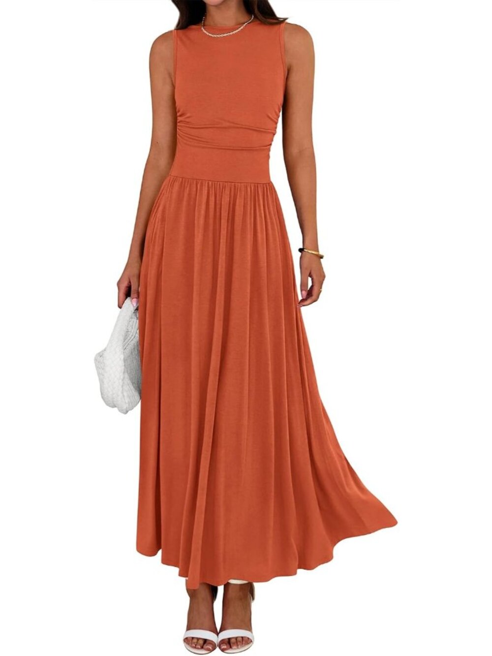 Women's Orange Summer Crewneck High Waisted Sleeveless Casual Long Maxi Dresses